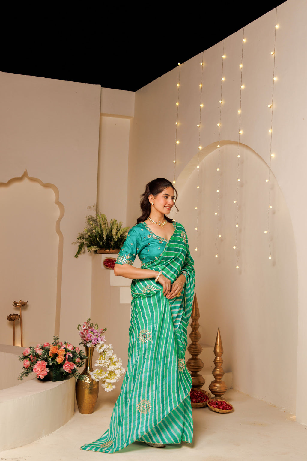Green Leheriya Tussar Silk Gota Patti Saree