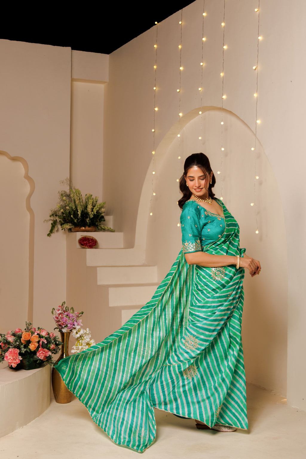 Green Leheriya Tussar Silk Gota Patti Saree