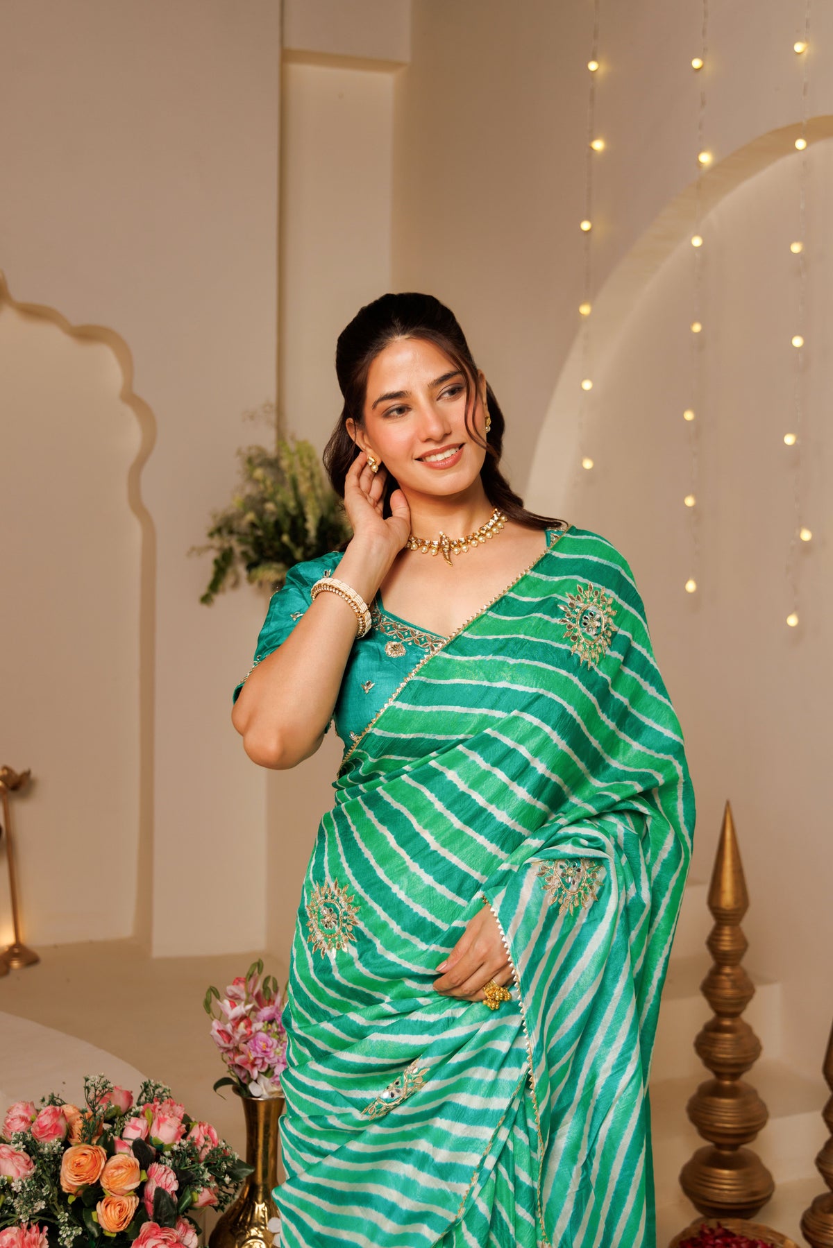 Green Leheriya Tussar Silk Gota Patti Saree