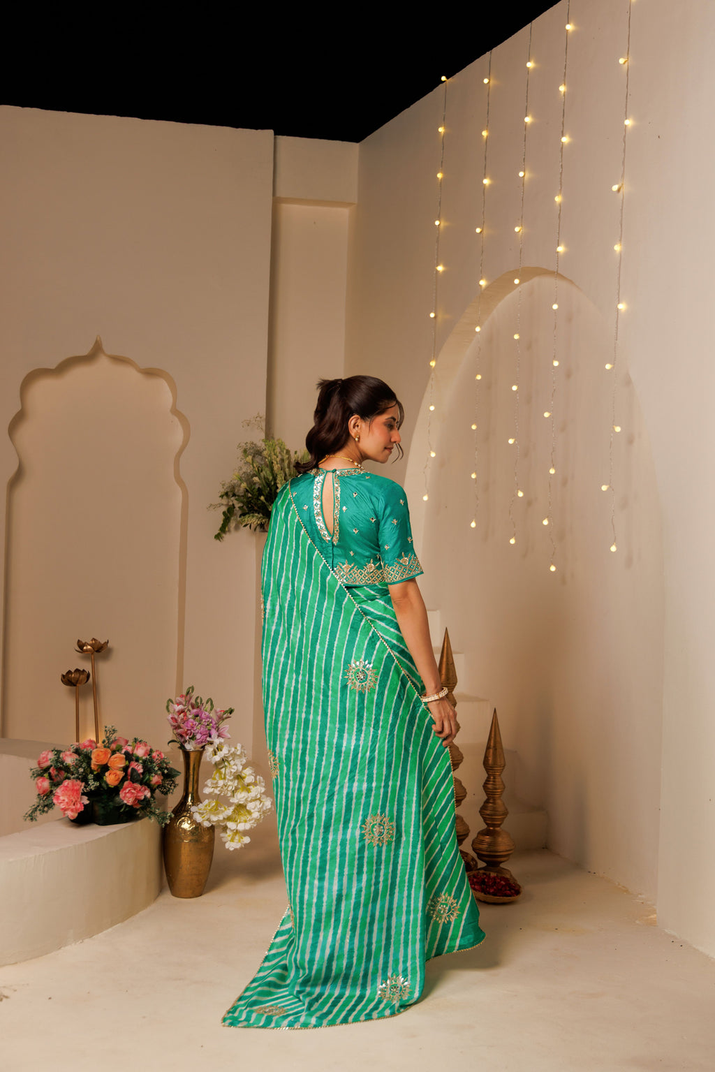 Green Leheriya Tussar Silk Gota Patti Saree