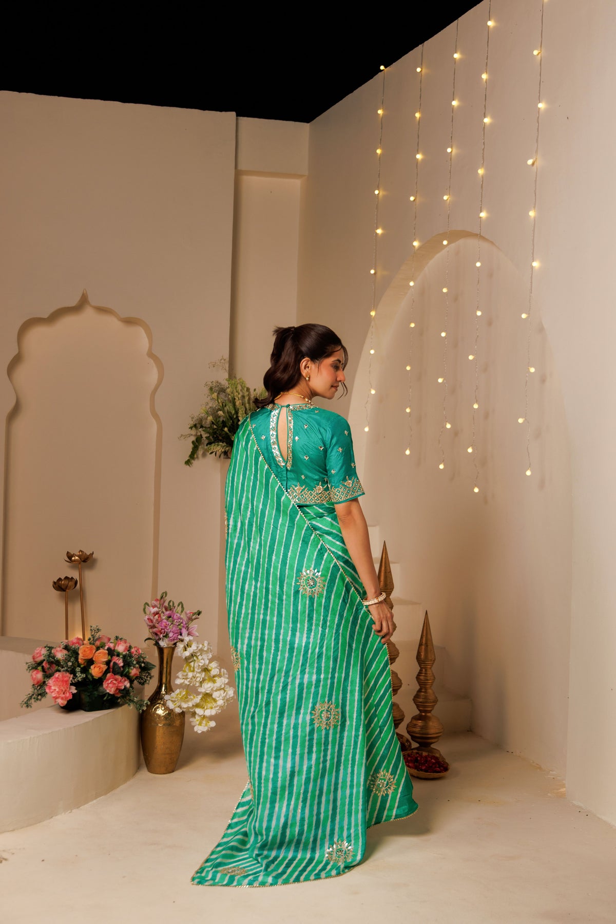 Green Leheriya Tussar Silk Gota Patti Saree