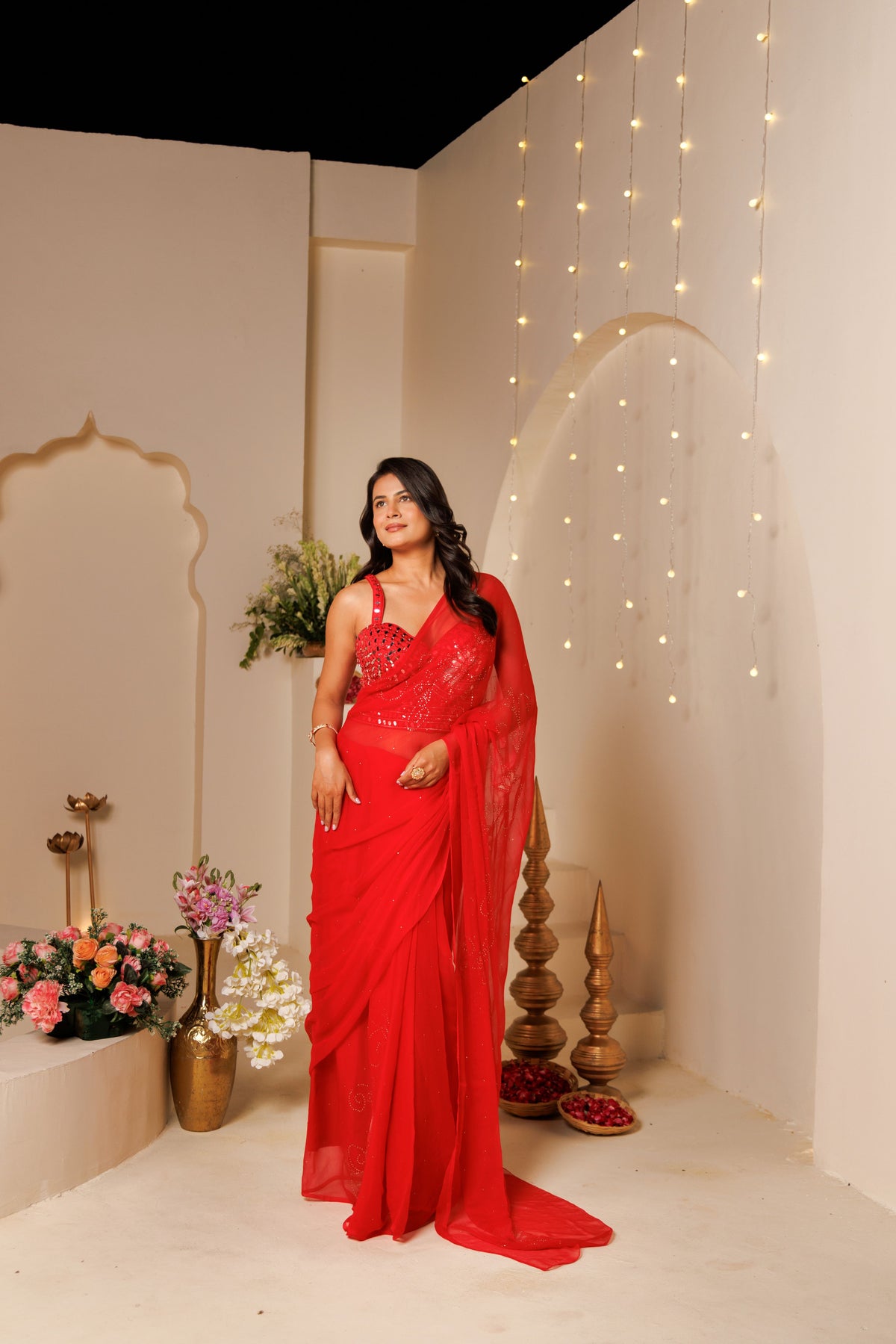 Red Net Patch Chiffon Saree