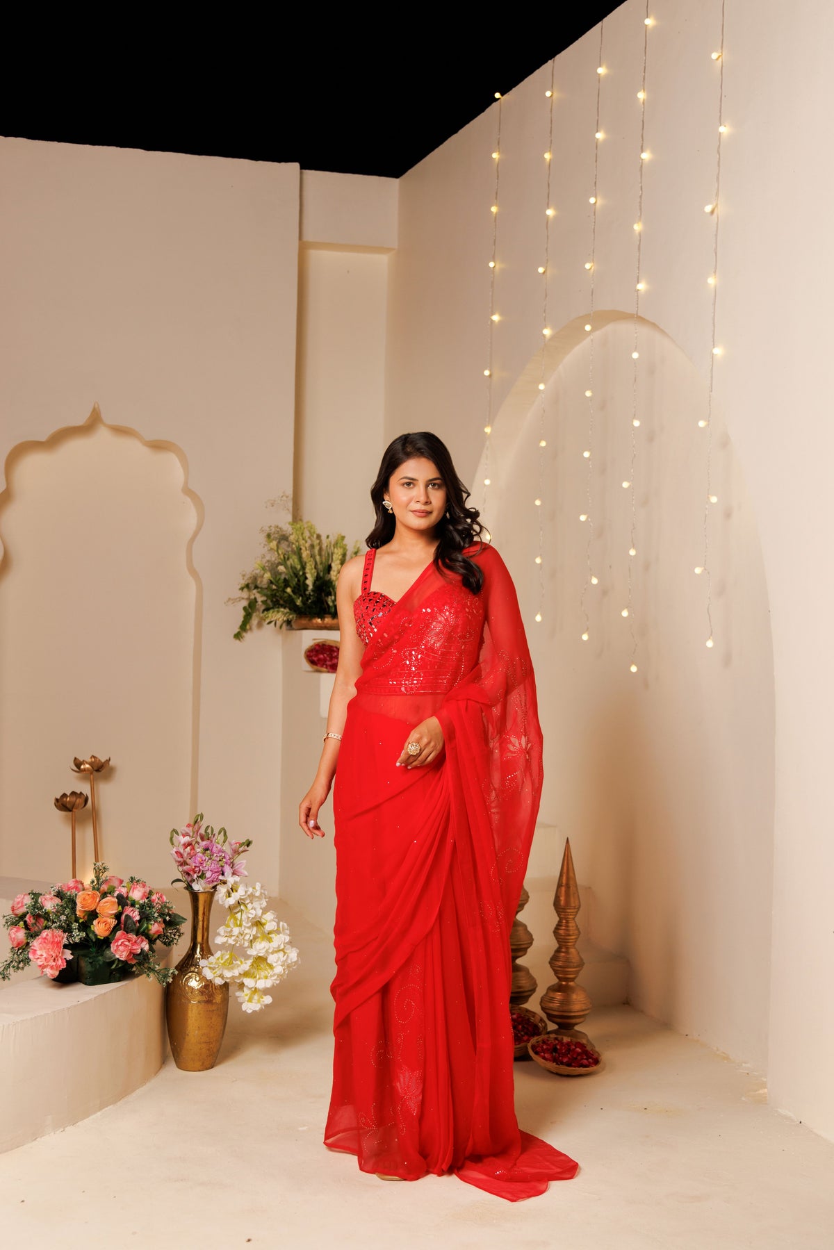 Red Net Patch Chiffon Saree