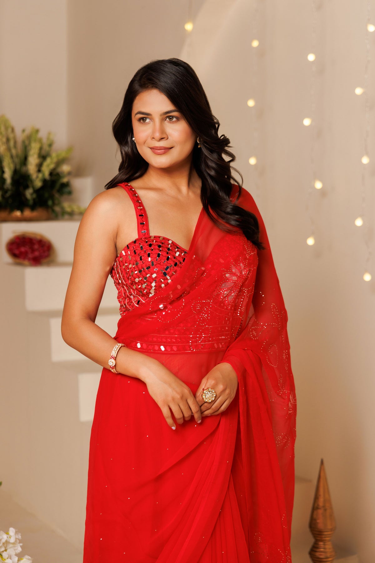 Red Net Patch Chiffon Saree