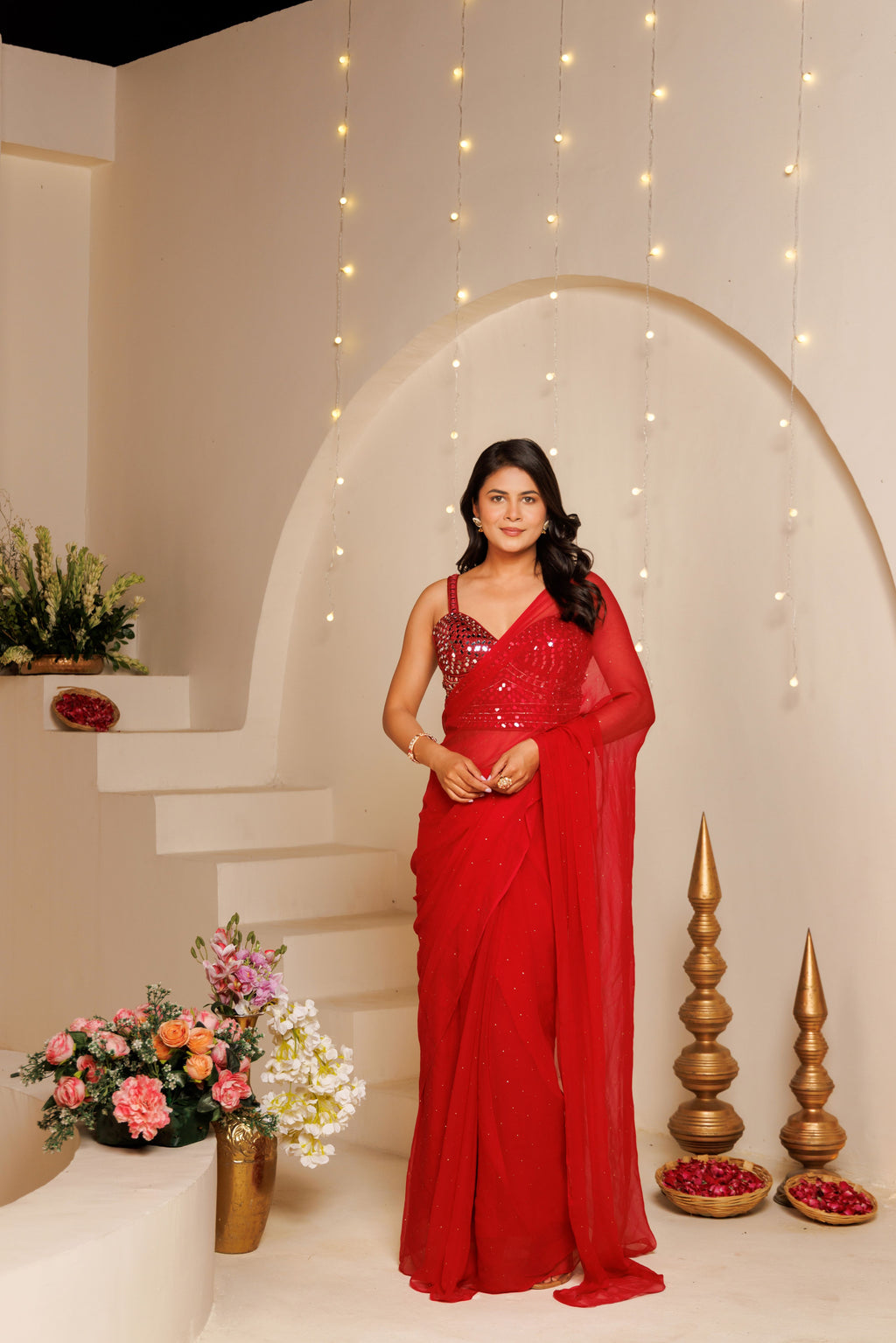 Red Chiffon Mukaish Saree