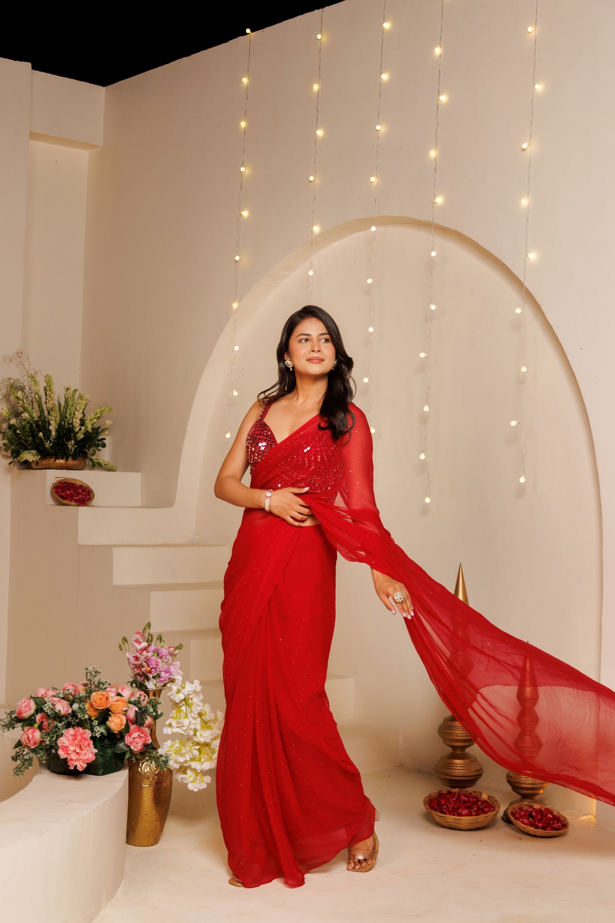Red Chiffon Mukaish Saree
