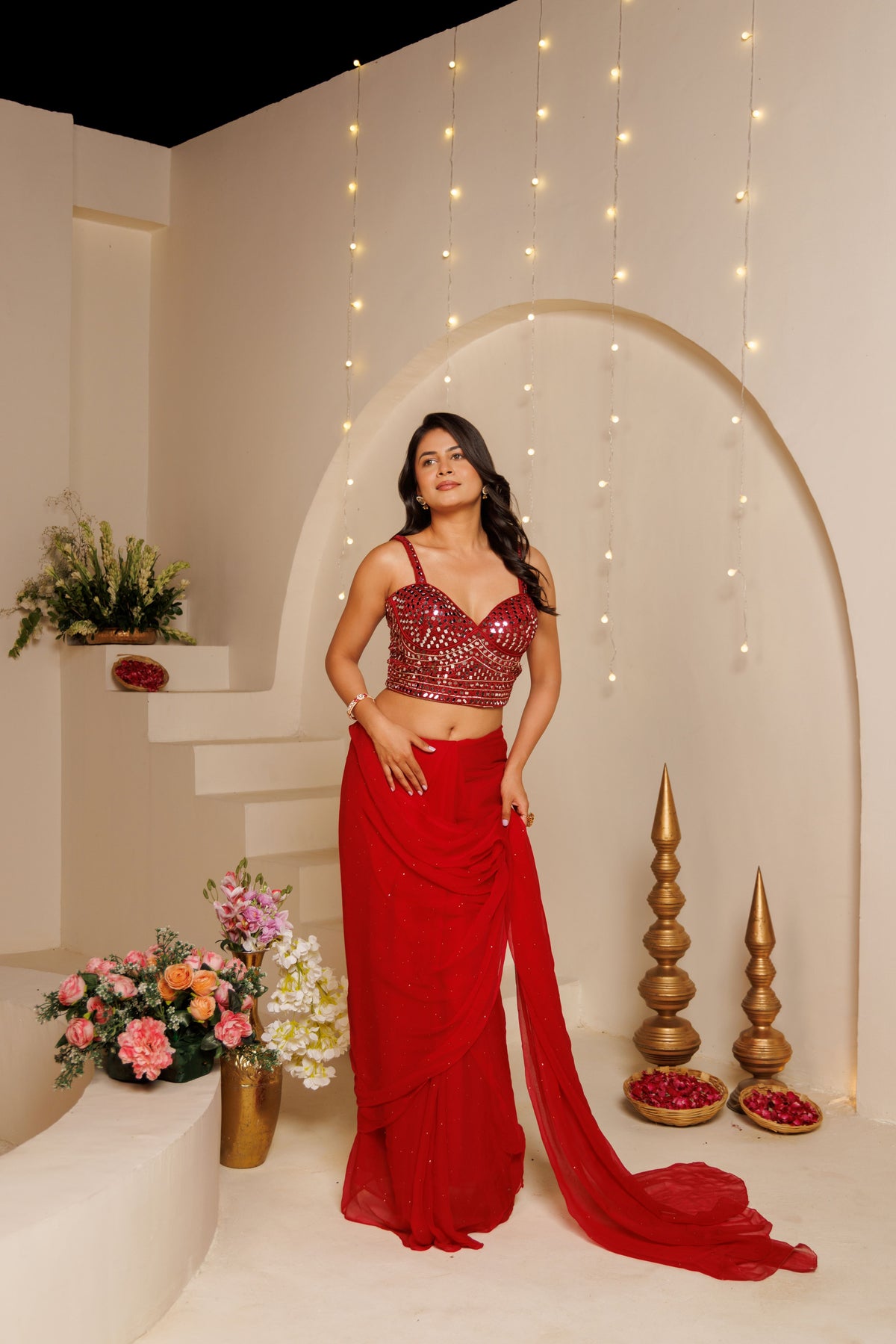 Red Chiffon Mukaish Saree