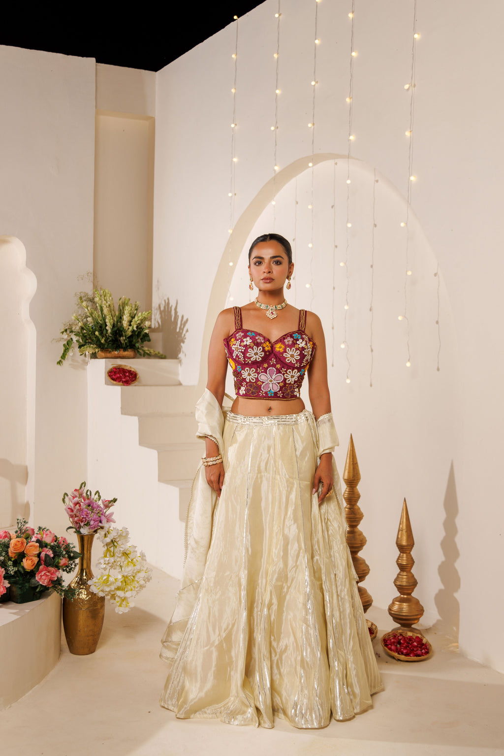 Off-White Tissue Lehenga with Wine Blouse