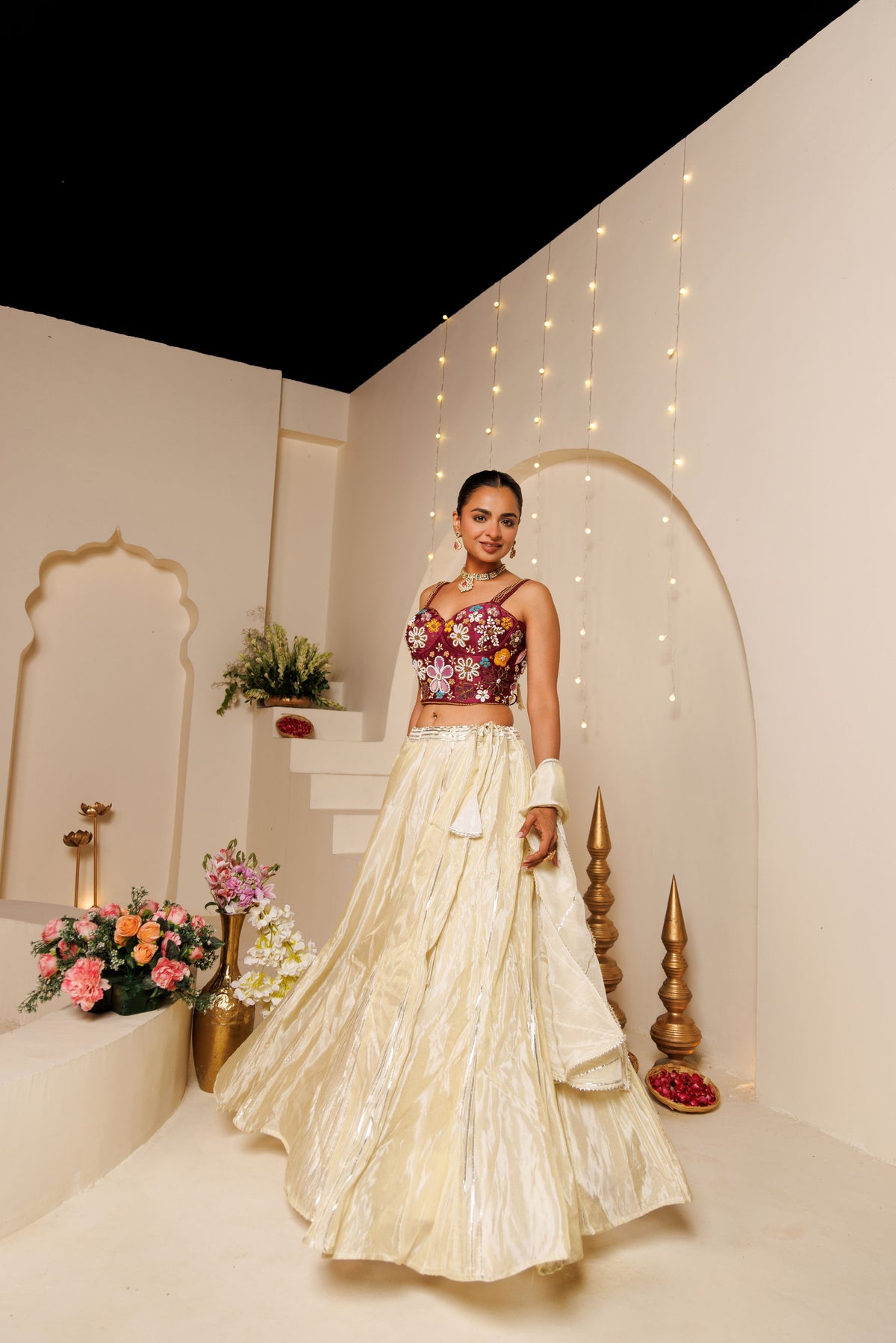 Off-White Tissue Lehenga with Wine Blouse