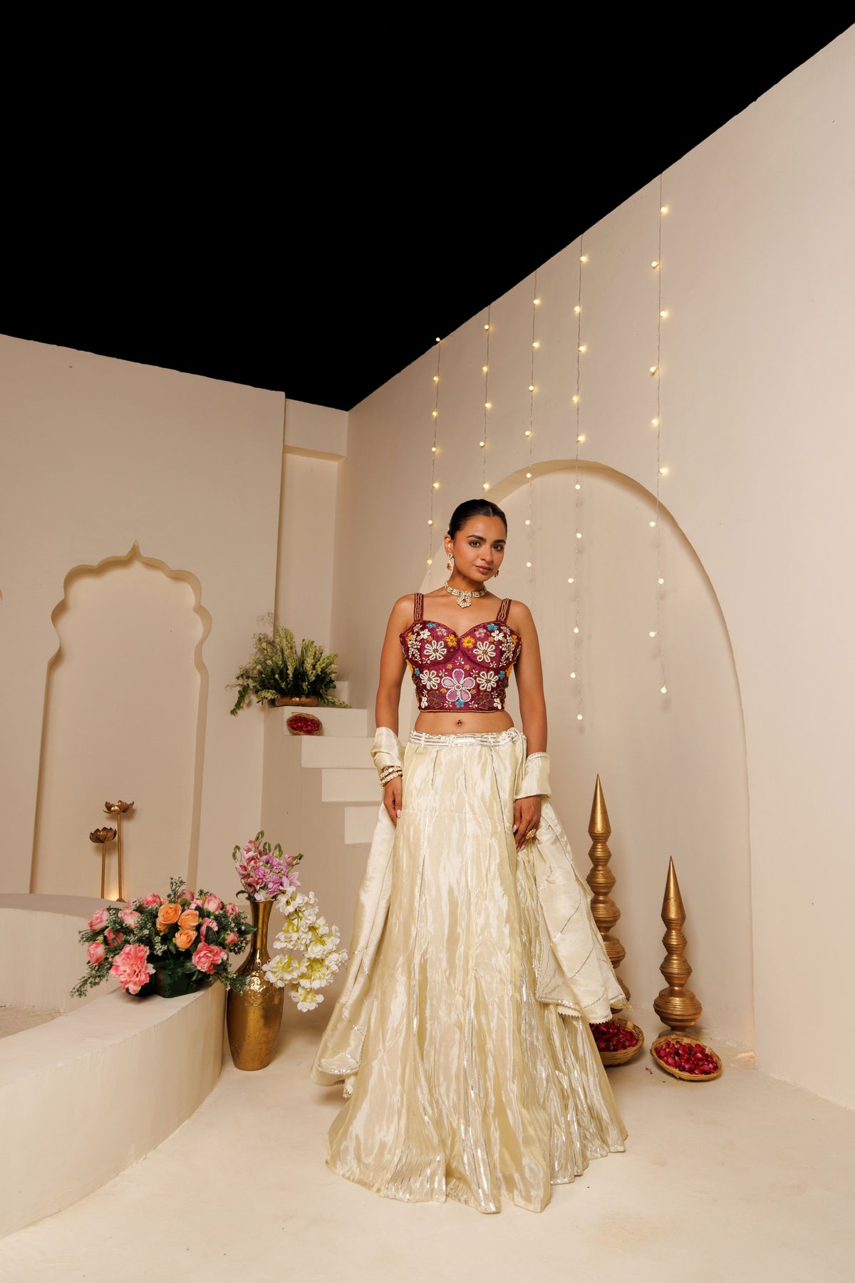 Off-White Tissue Lehenga with Wine Blouse