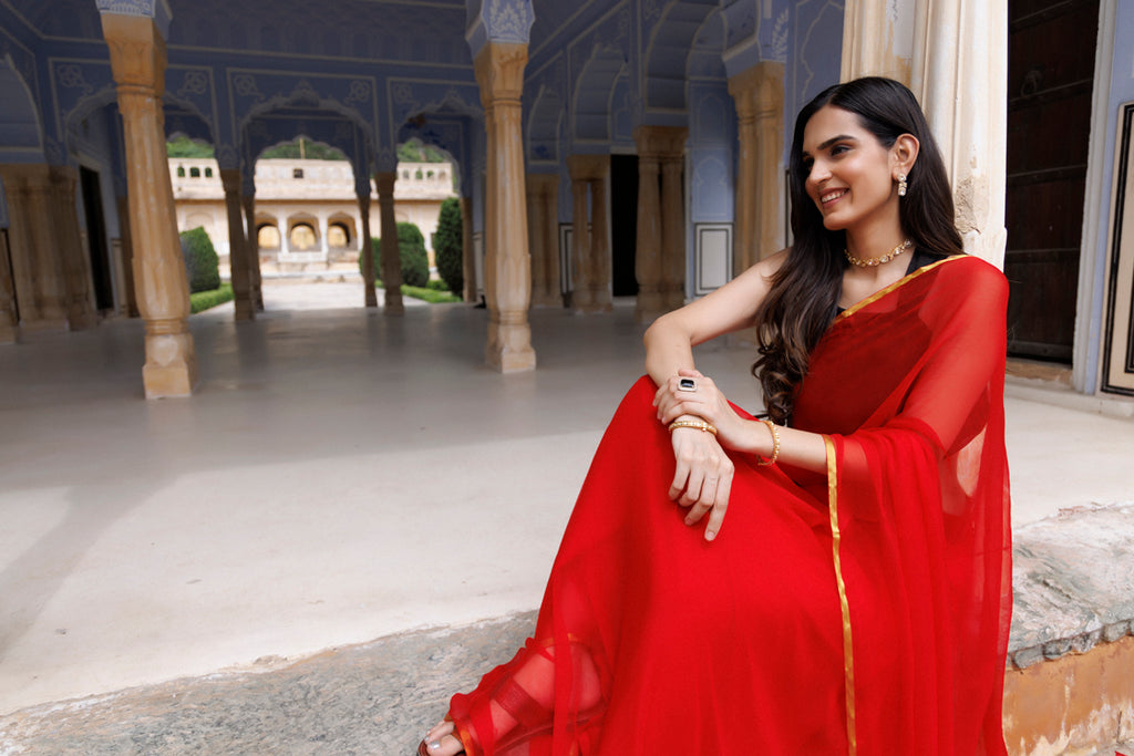 Red Hand-Dyed Chiffon Saree With Jacquard Blouse