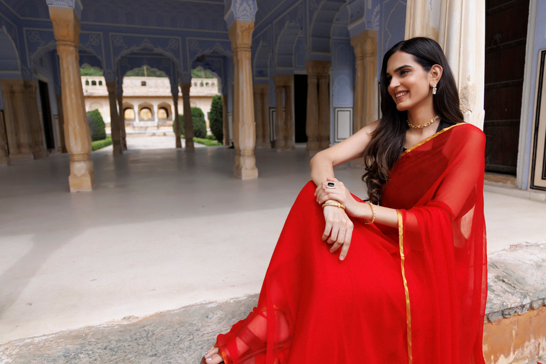 Red Hand-Dyed Chiffon Saree With Jacquard Blouse