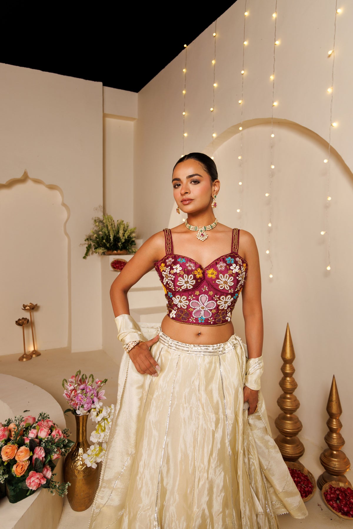 Off-White Tissue Lehenga with Wine Blouse
