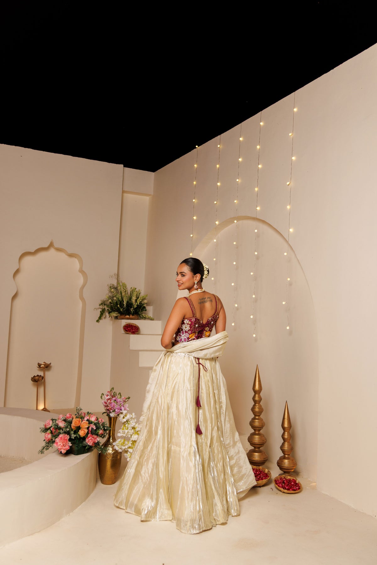 Off-White Tissue Lehenga with Wine Blouse