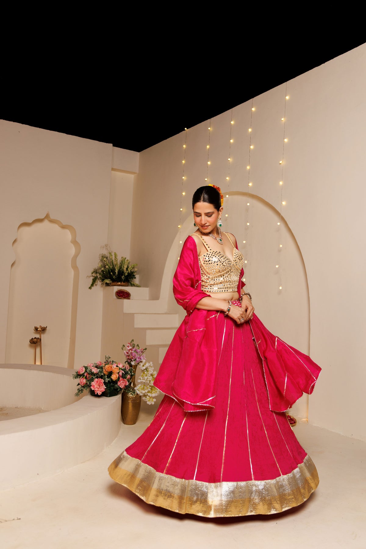 Pink Silk Crinkle Lehenga Set