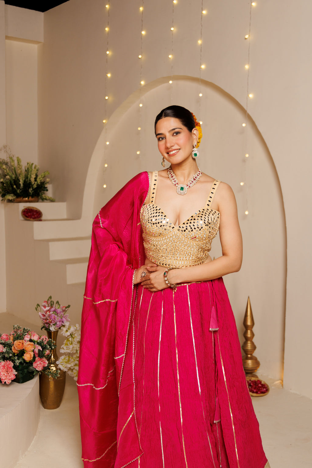 Pink Silk Crinkle Lehenga Set
