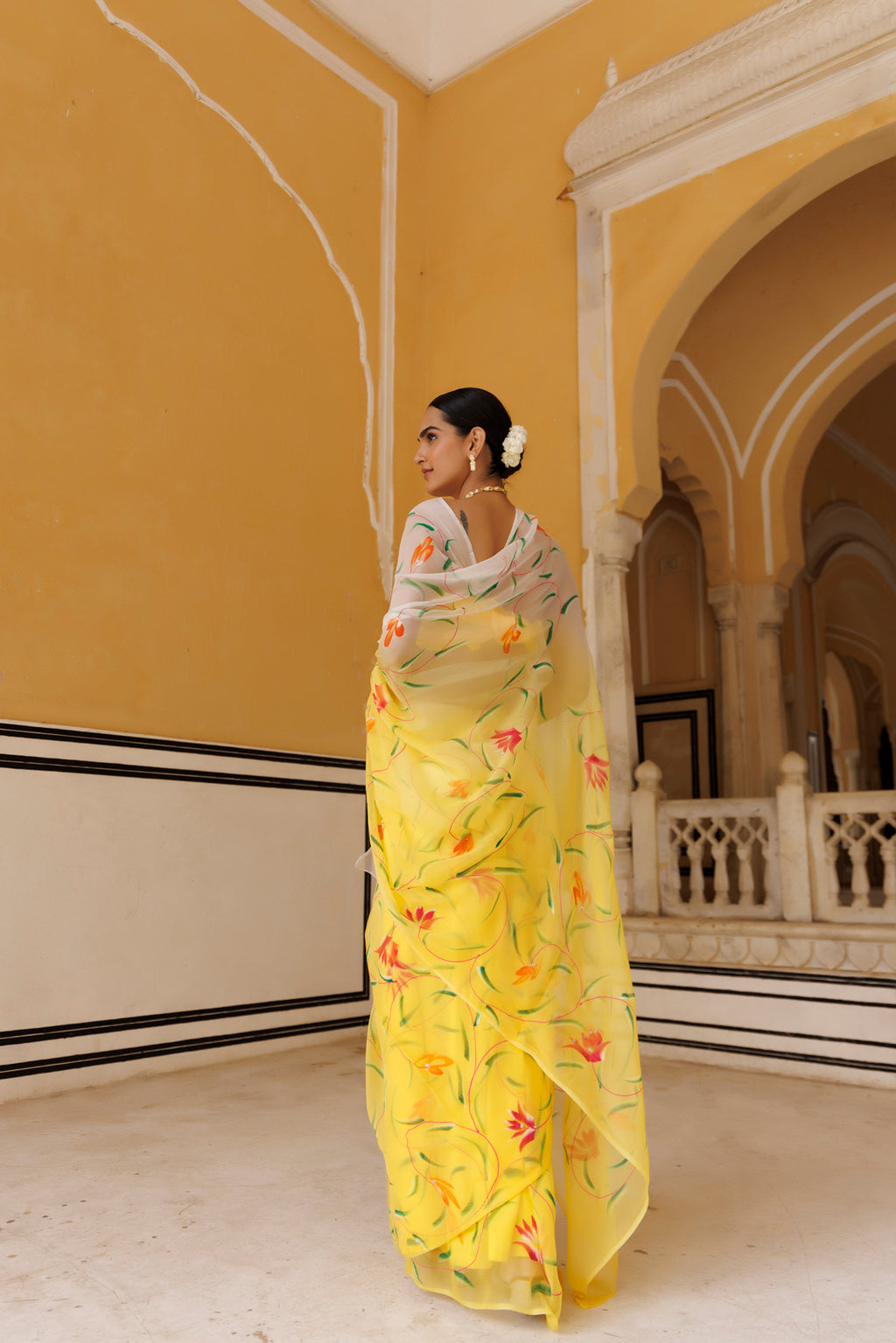 Yellow-White Shaded Hand Painted Floral Chiffon Saree