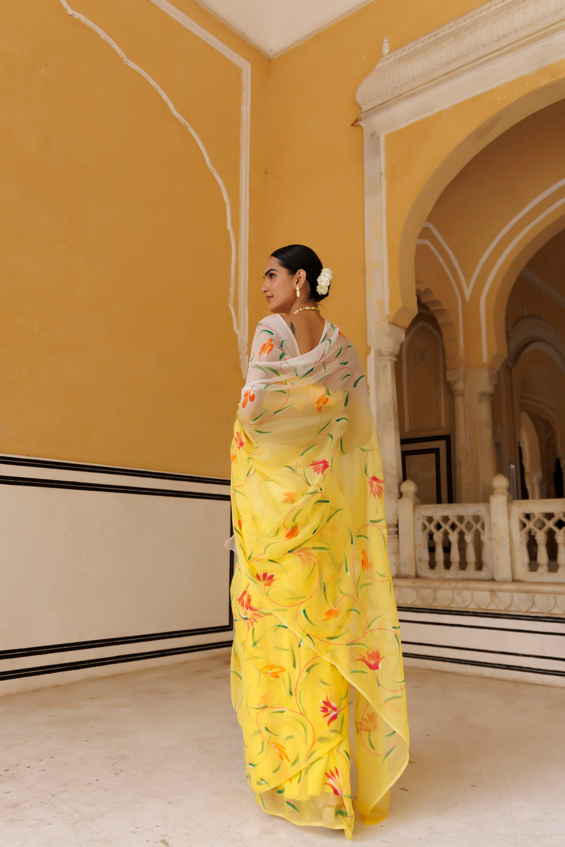 Yellow-White Shaded Hand Painted Floral Chiffon Saree
