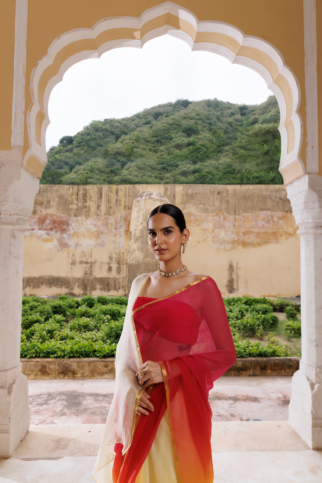 Multi-Shaded Hand Dyed Plain Chiffon Saree With Jacquard Blouse