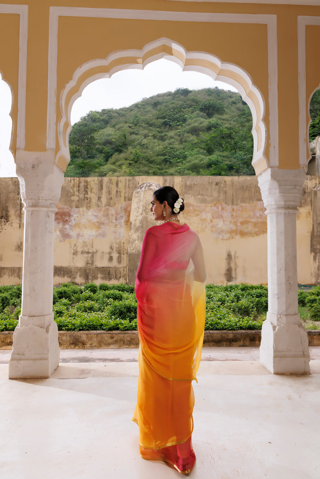 Multi-Shaded Hand Dyed Plain Chiffon Saree With Jacquard Blouse
