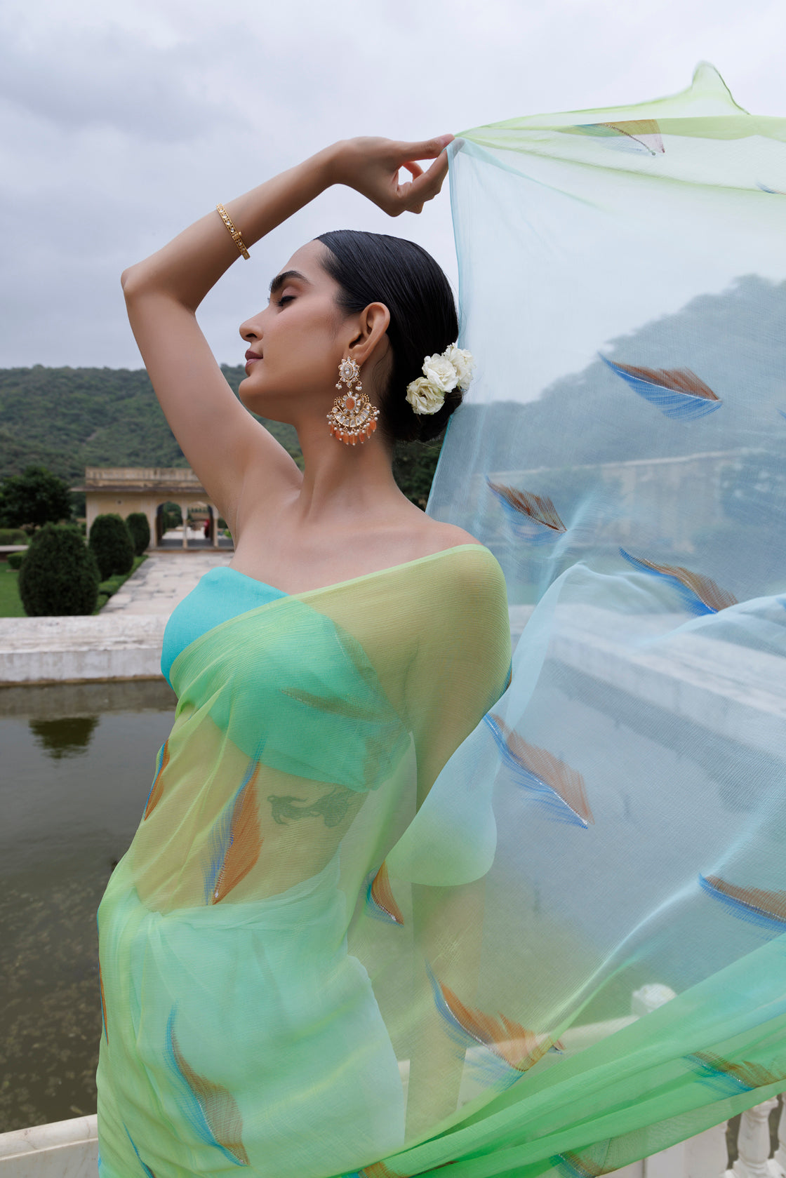 Green Shaded Hand Painted Floral Chiffon Saree