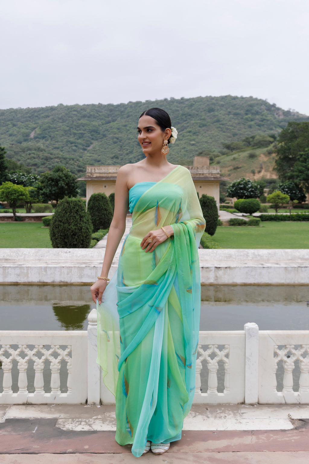 Green Shaded Hand Painted Floral Chiffon Saree