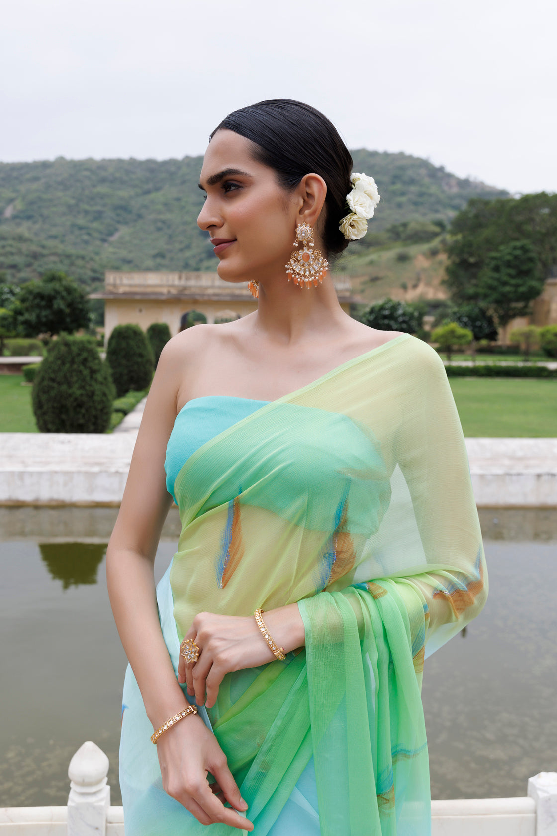 Green Shaded Hand Painted Floral Chiffon Saree