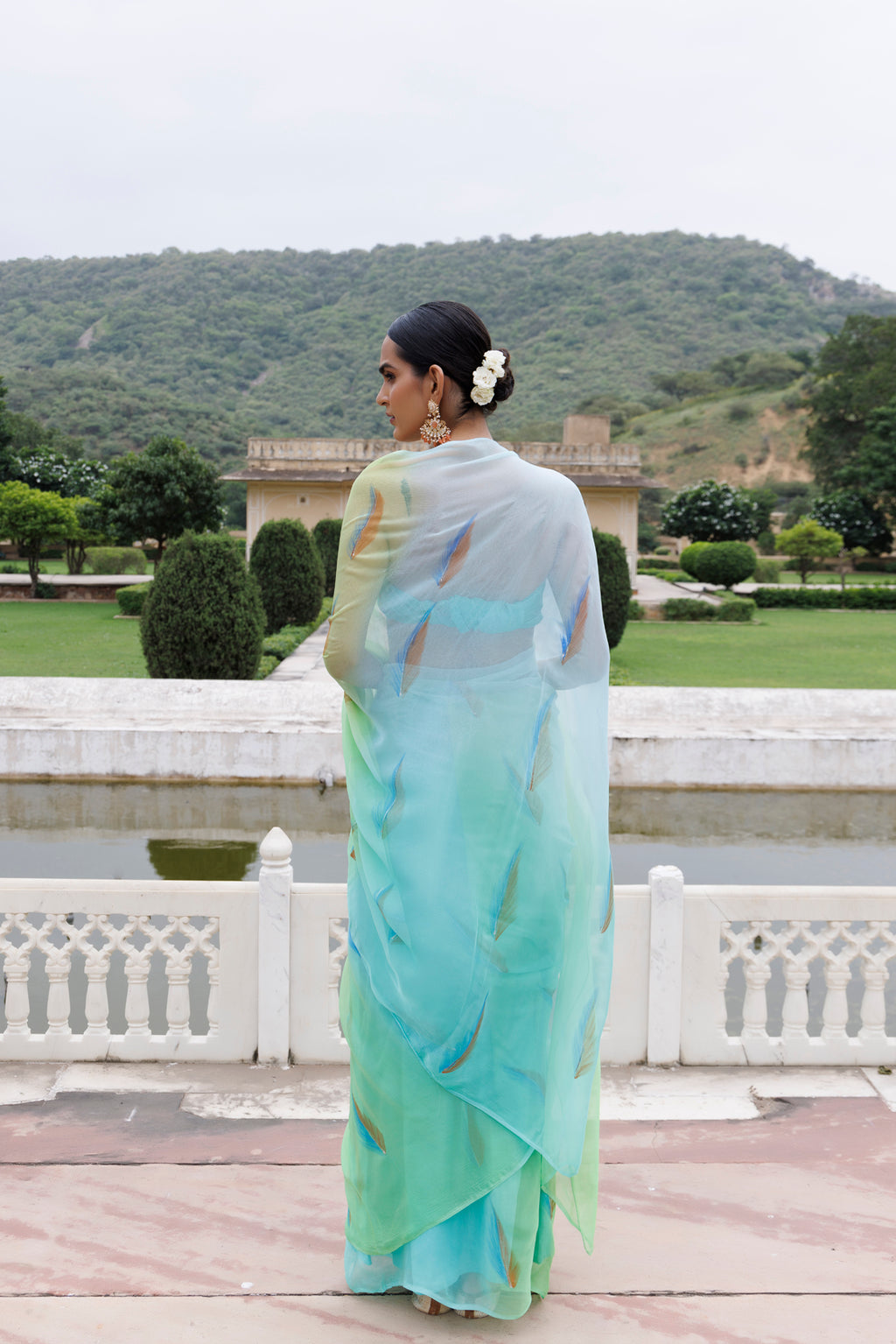 Green Shaded Hand Painted Floral Chiffon Saree