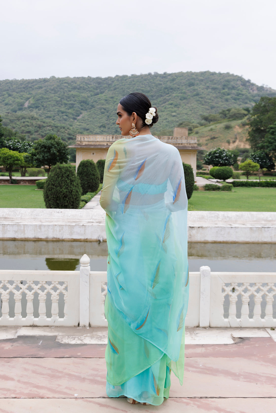 Green Shaded Hand Painted Floral Chiffon Saree