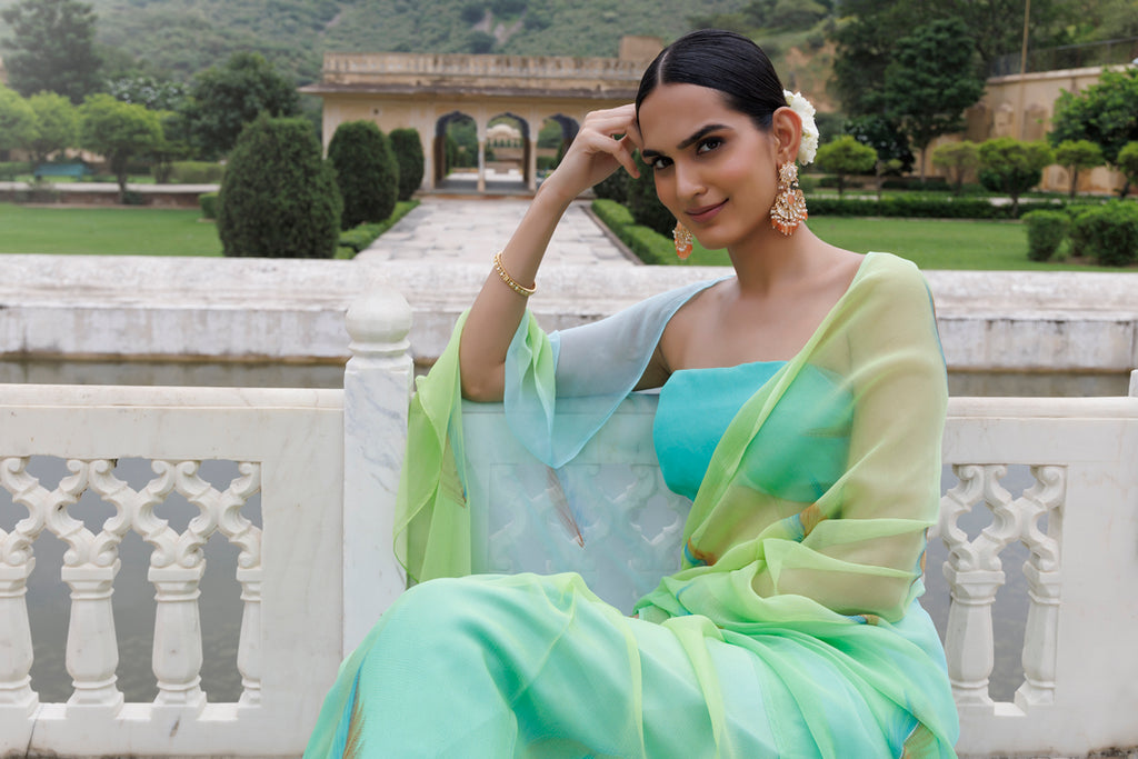 Green Shaded Hand Painted Floral Chiffon Saree