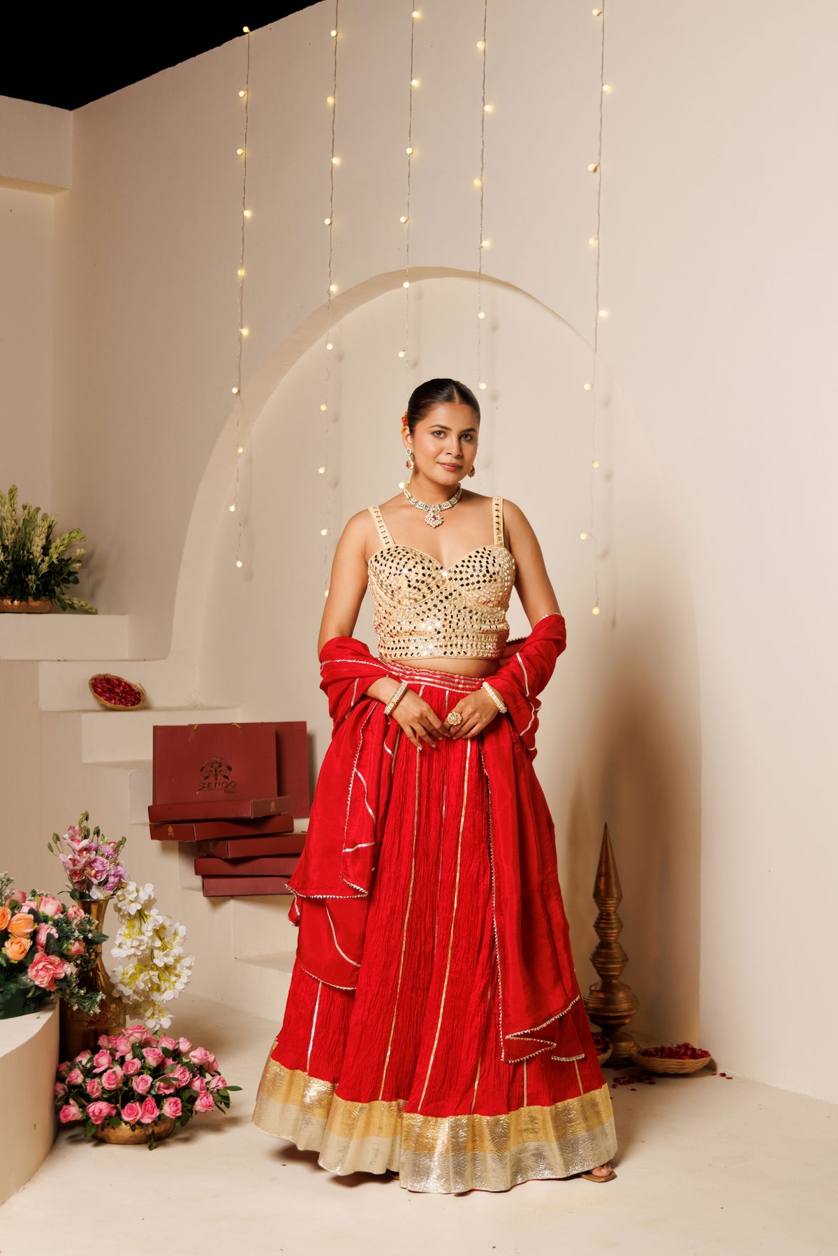Red Silk Crinkle Lehenga Set