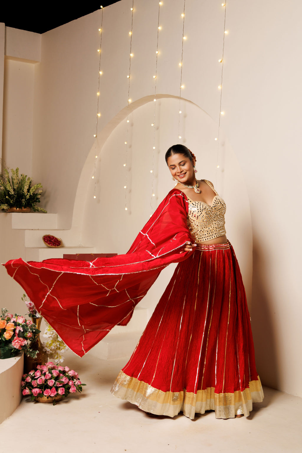 Red Silk Crinkle Lehenga Set