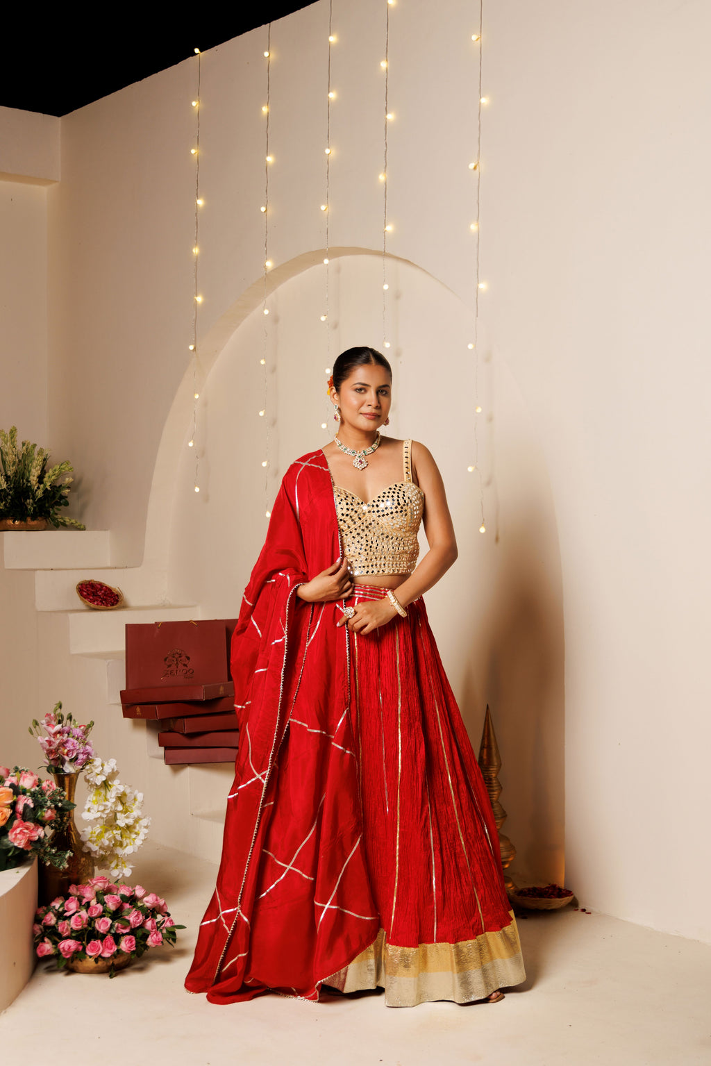 Red Silk Crinkle Lehenga Set