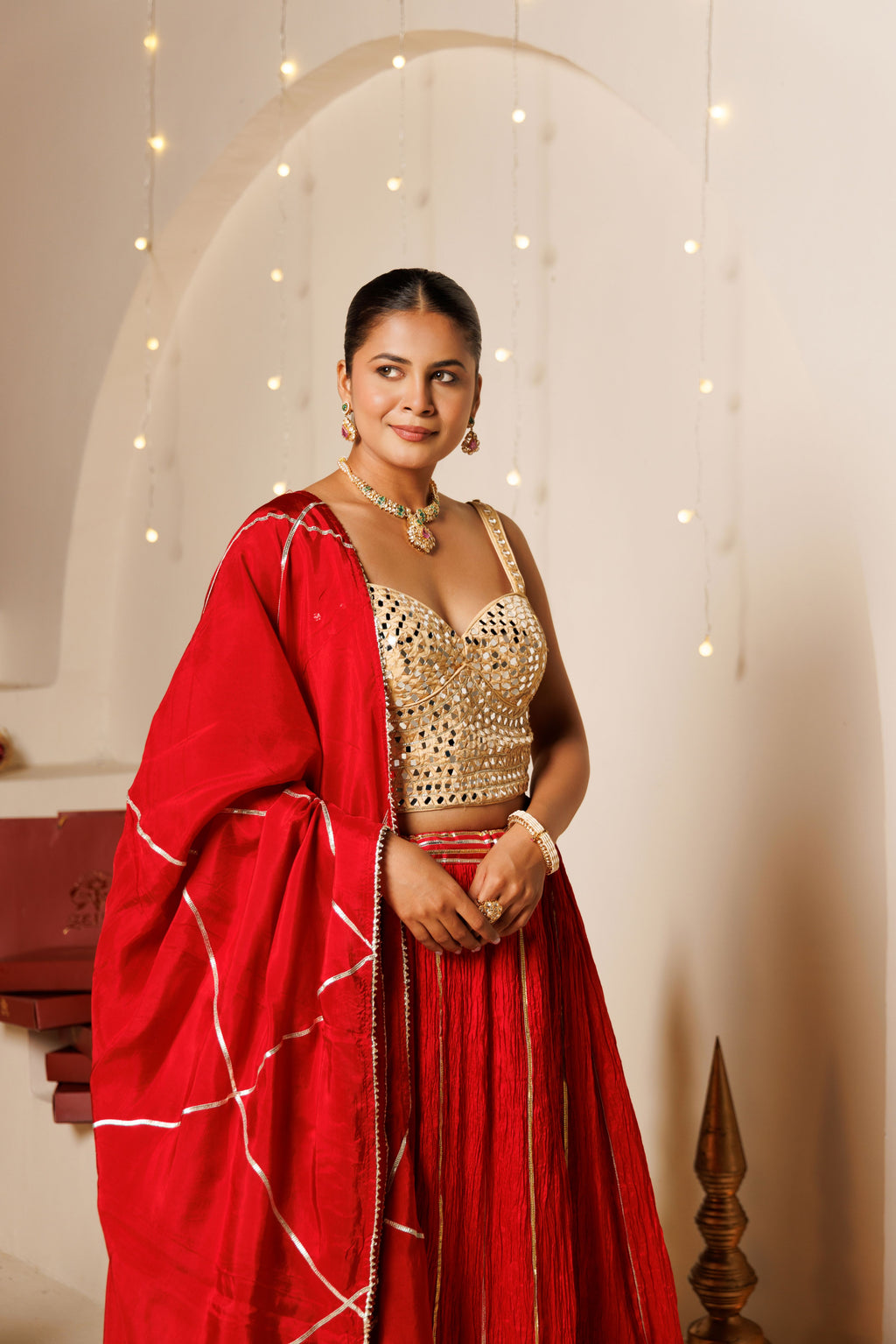 Red Silk Crinkle Lehenga Set