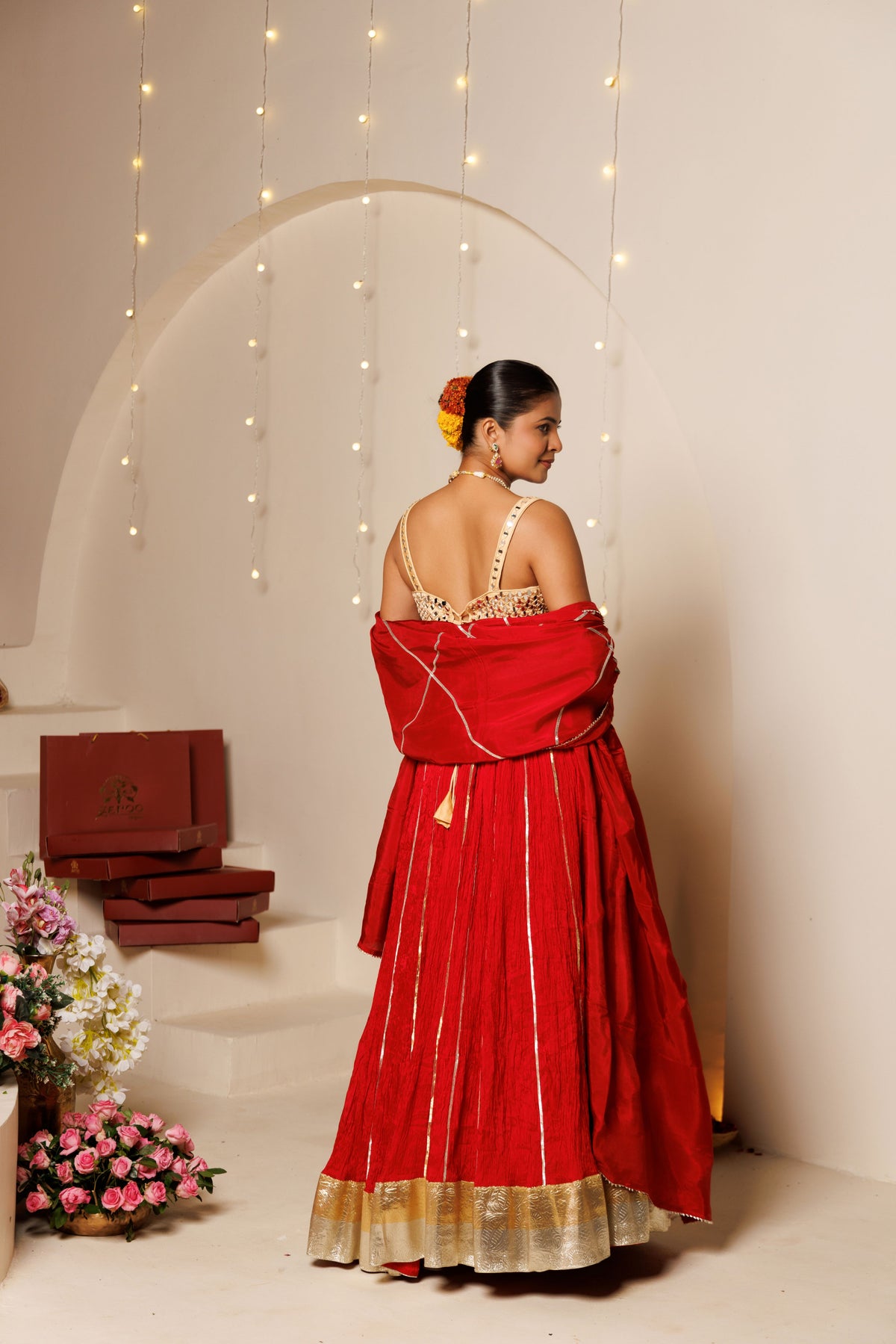 Red Silk Crinkle Lehenga Set