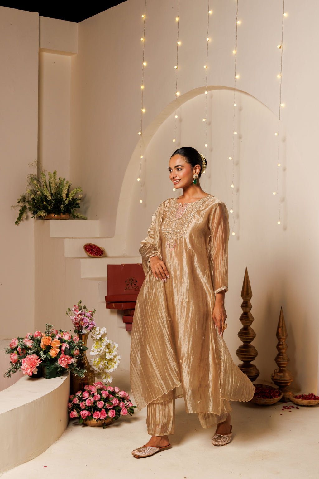 Beige Embroidered Crushed Tissue 3-Piece Kurta Set