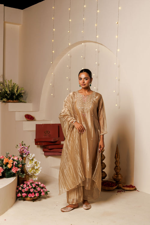 Beige Embroidered Crushed Tissue 3-Piece Kurta Set