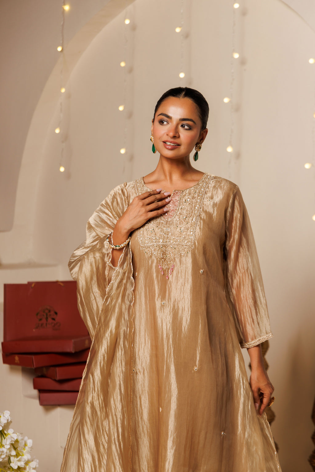 Beige Embroidered Crushed Tissue 3-Piece Kurta Set