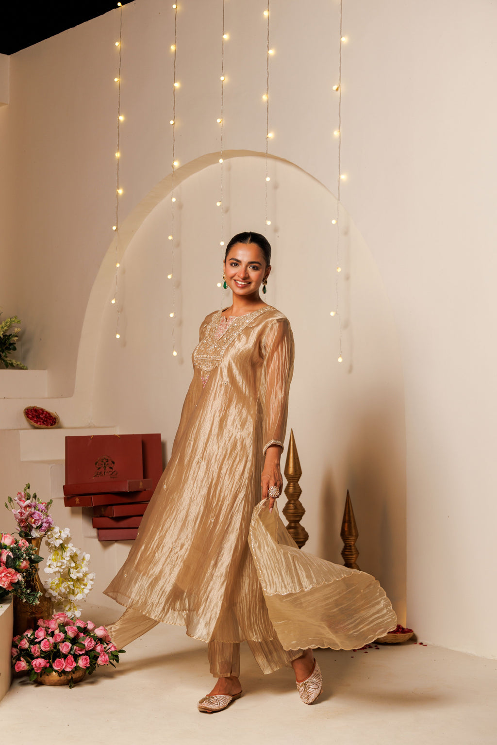 Beige Embroidered Crushed Tissue 3-Piece Kurta Set