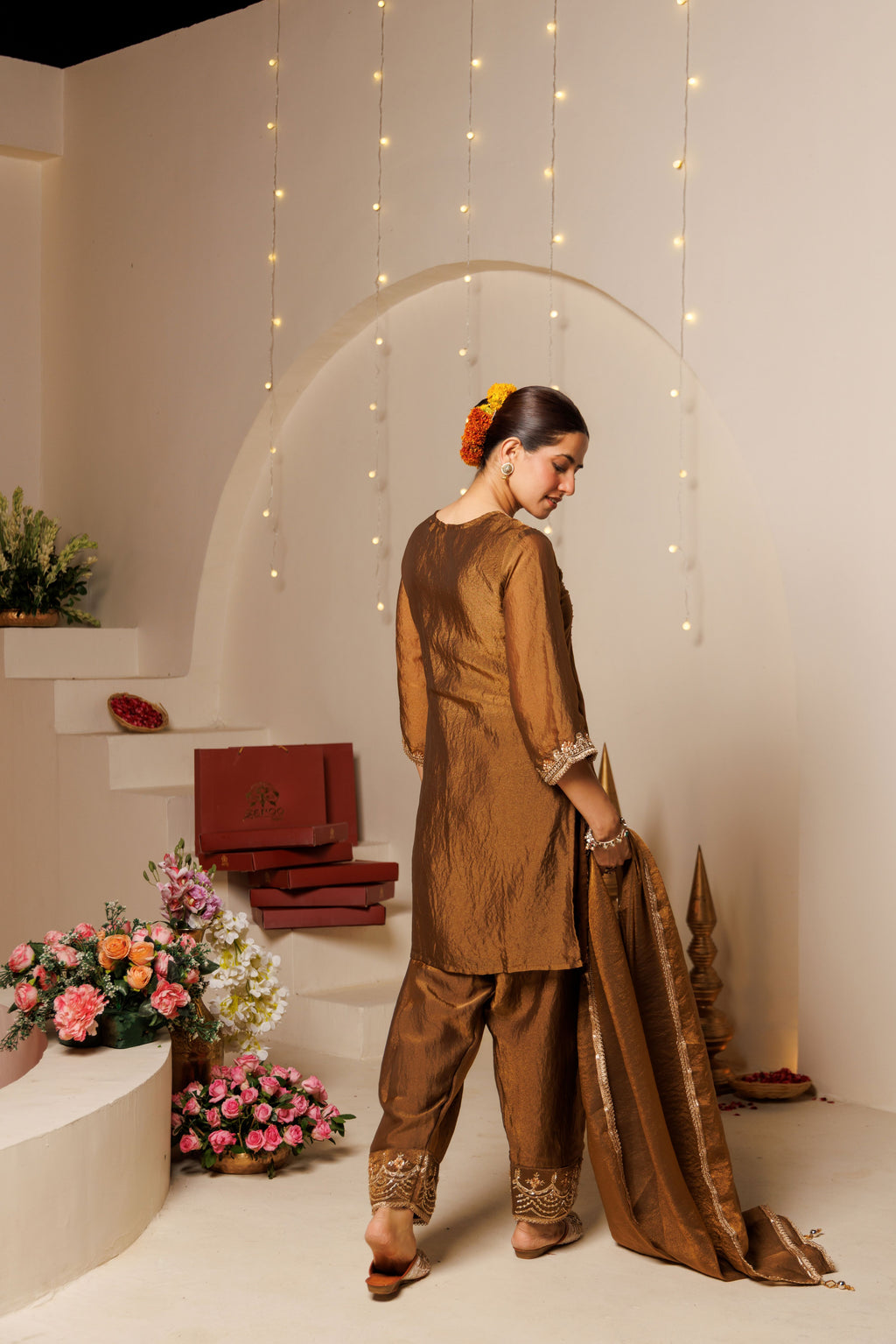 Brown Embroidered Crushed Tissue 3-Piece Kurta Set