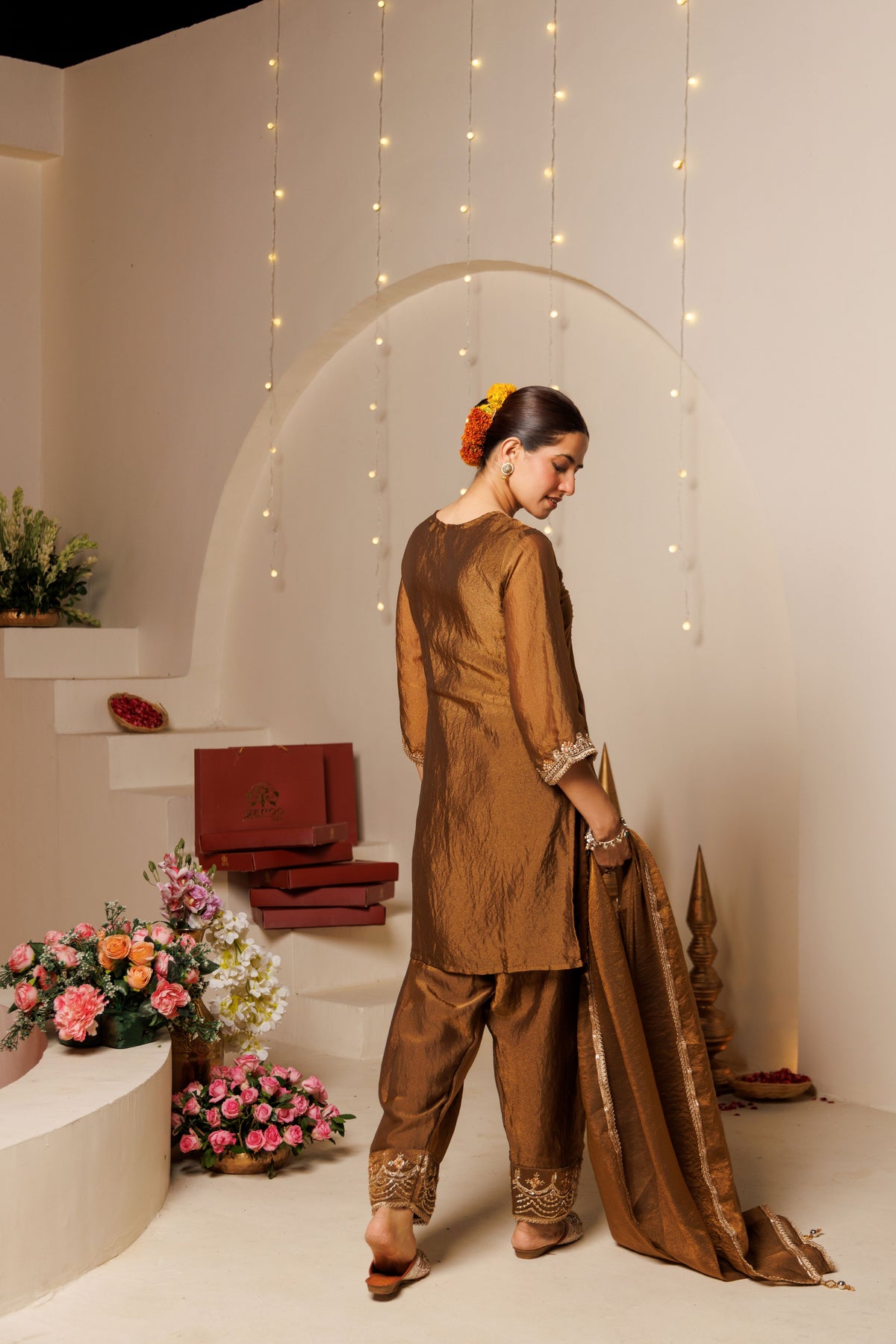 Brown Embroidered Crushed Tissue 3-Piece Kurta Set