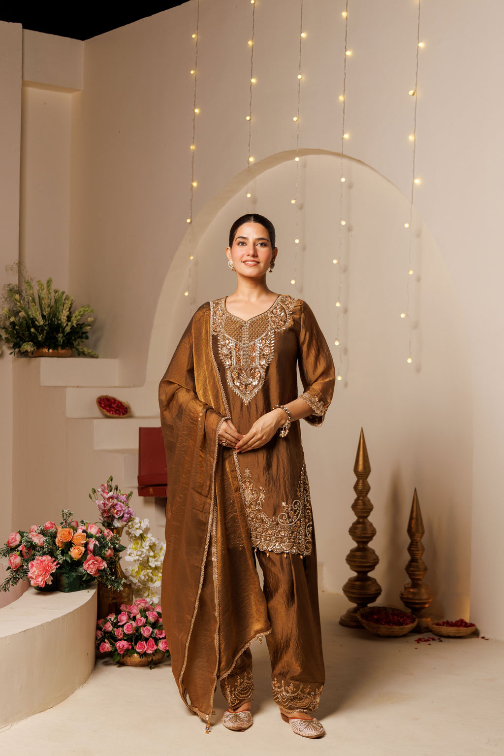 Brown Embroidered Crushed Tissue 3-Piece Kurta Set