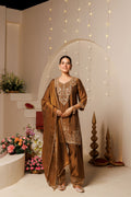 Brown Embroidered Crushed Tissue 3-Piece Kurta Set