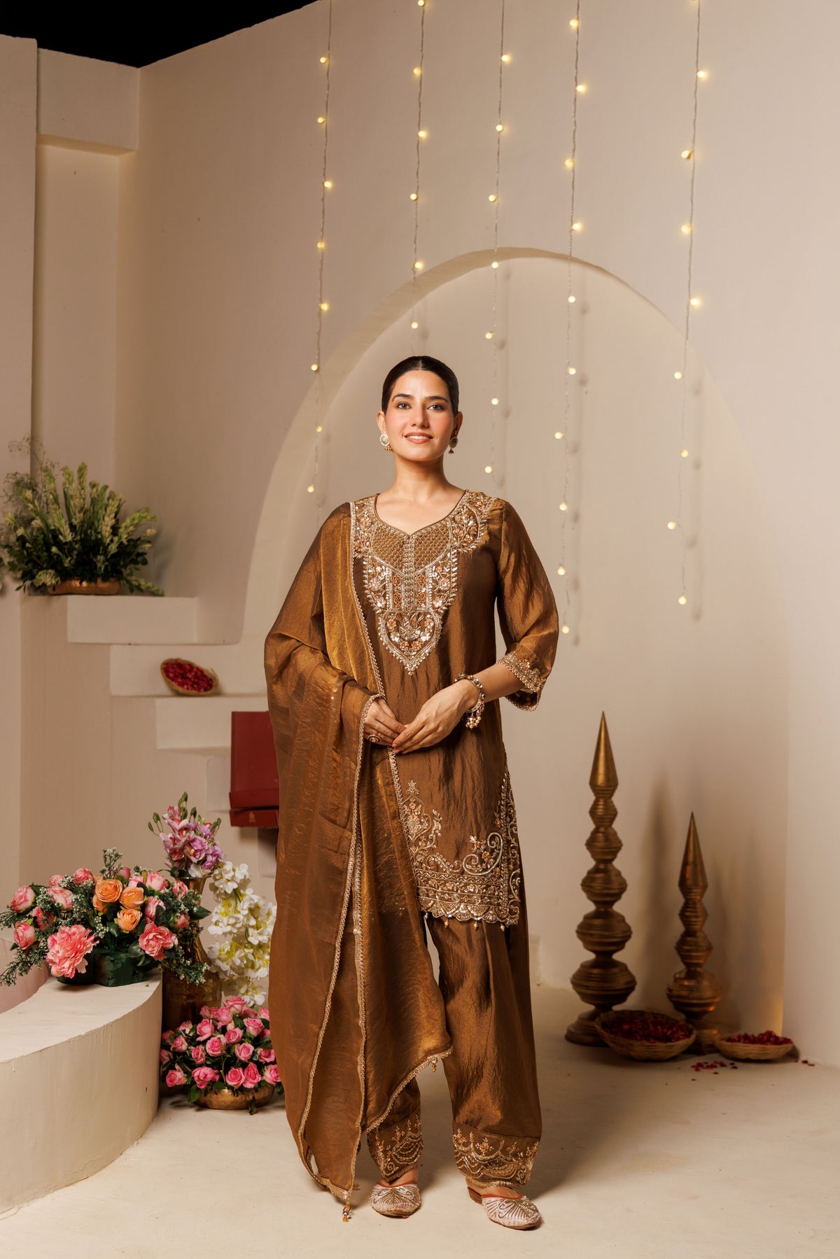 Brown Embroidered Crushed Tissue 3-Piece Kurta Set
