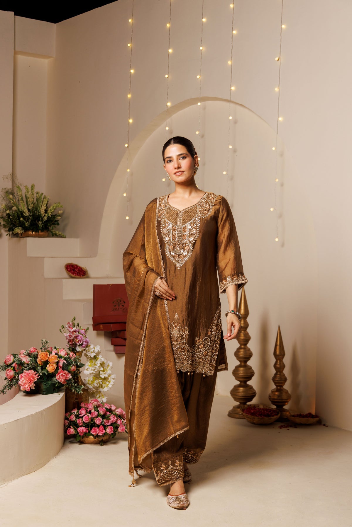 Brown Embroidered Crushed Tissue 3-Piece Kurta Set