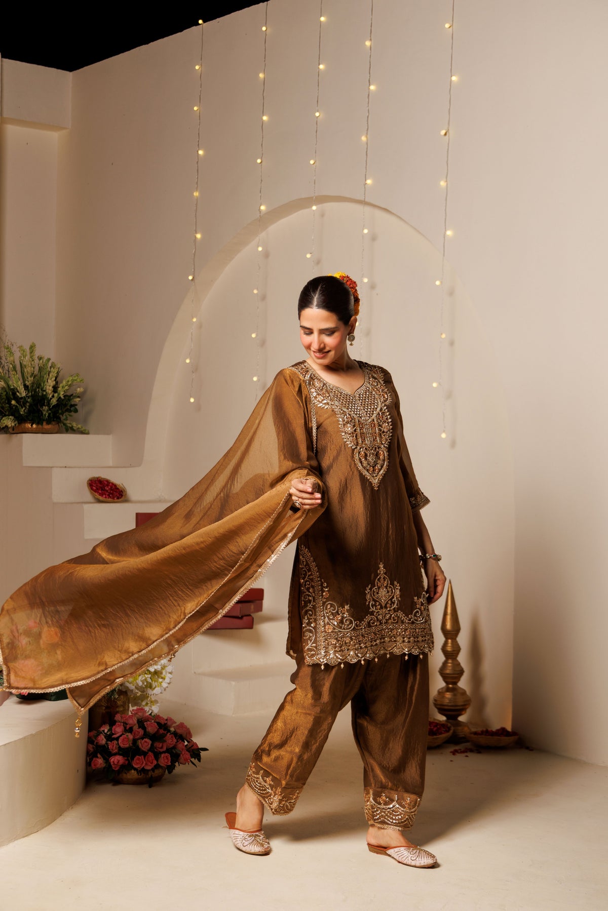 Brown Embroidered Crushed Tissue 3-Piece Kurta Set