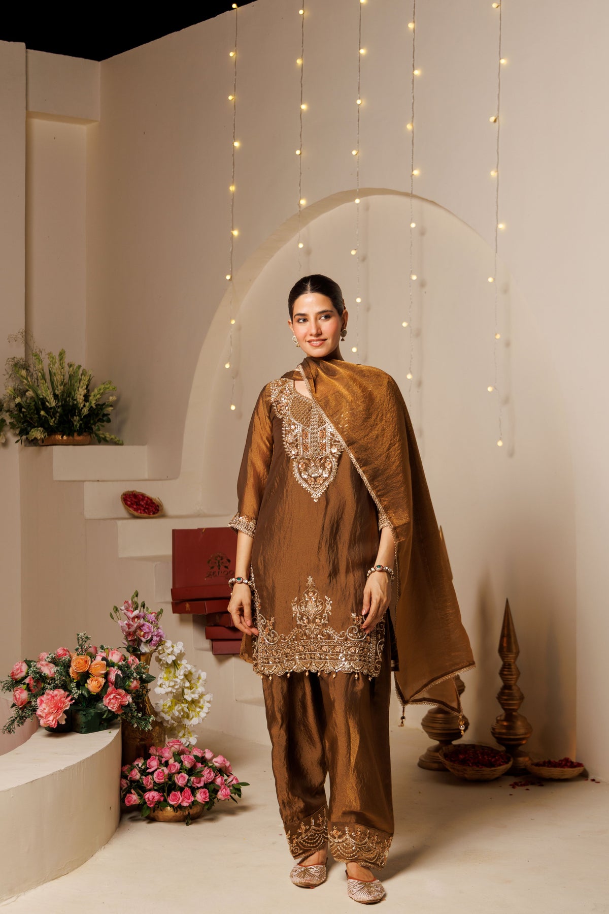 Brown Embroidered Crushed Tissue 3-Piece Kurta Set