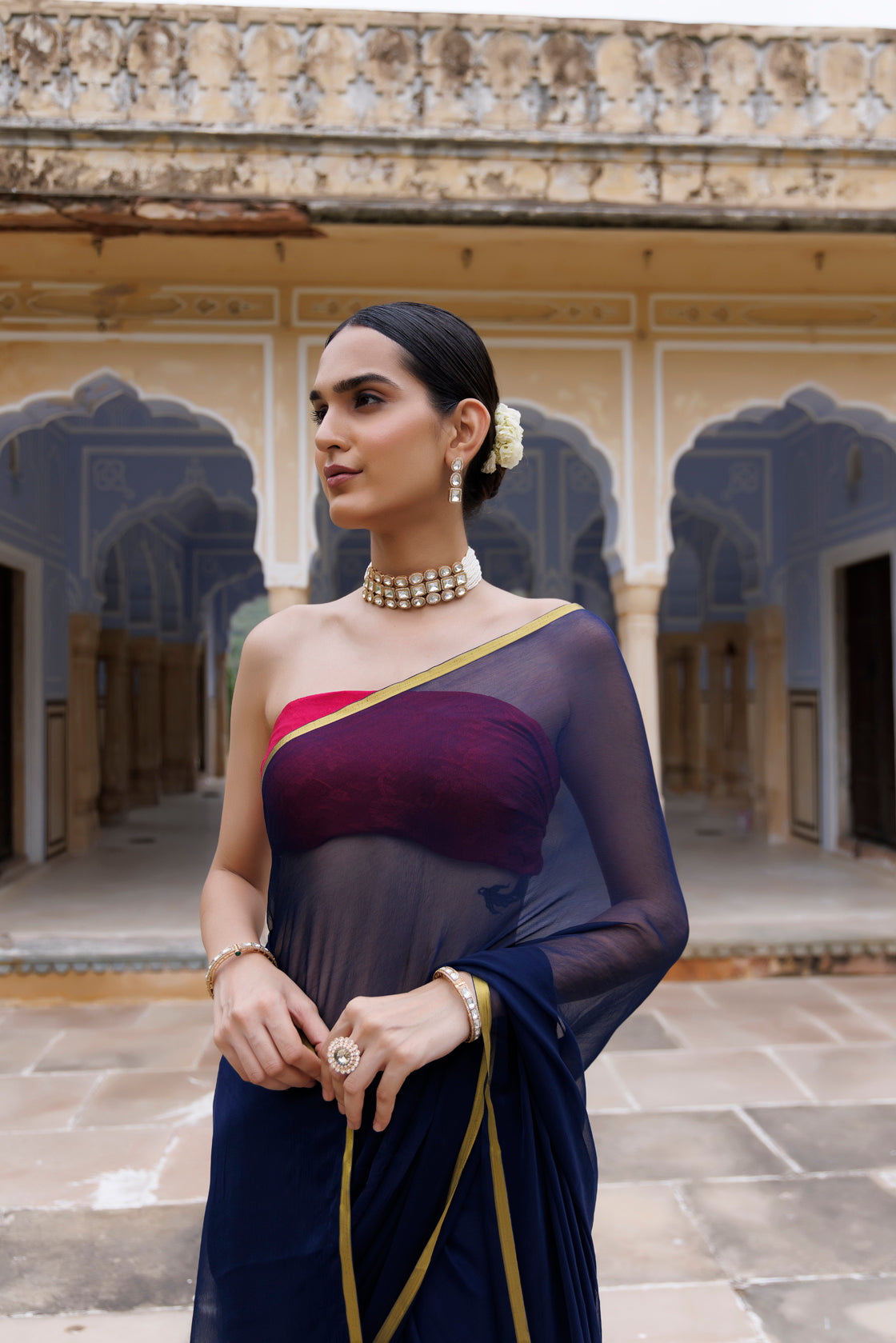 Navy Blue Hand-Dyed Chiffon Saree With Jacquard Blouse