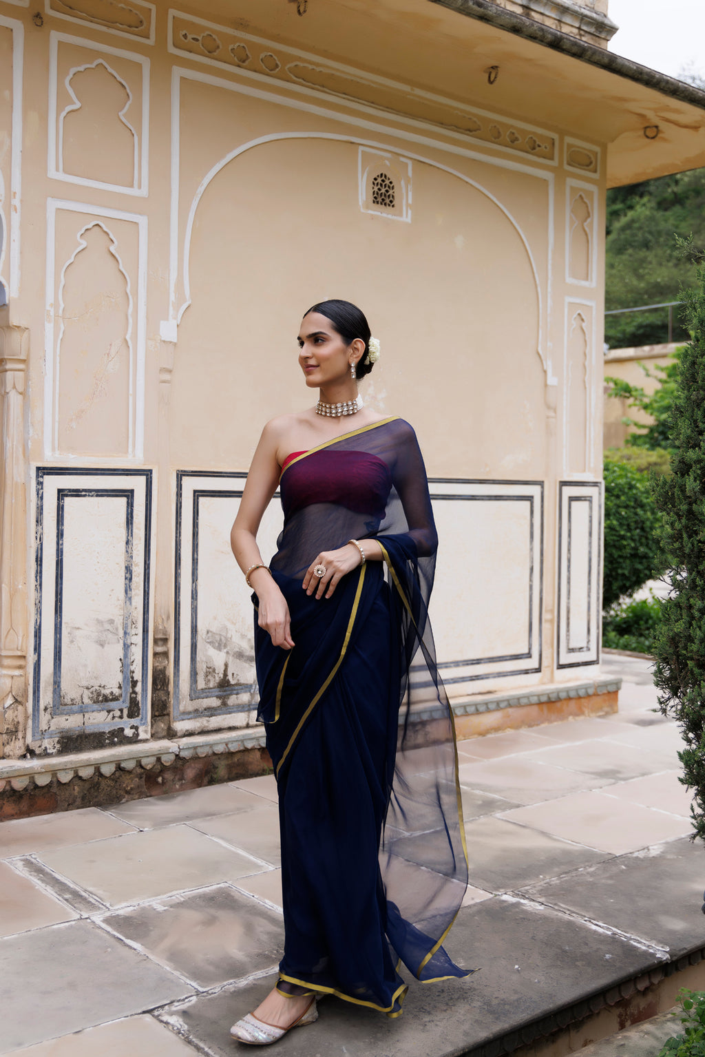 Navy Blue Hand-Dyed Chiffon Saree With Jacquard Blouse