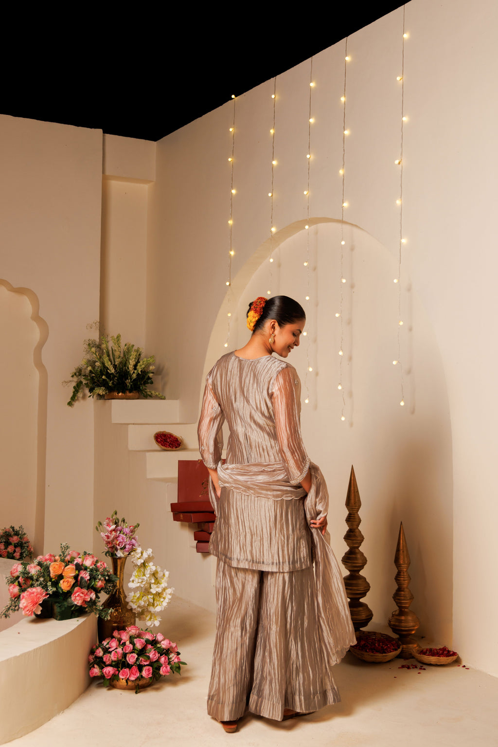 Grey Embroidered Crushed Tissue 3-Piece Kurta Set